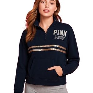 PINK by Victoria’s Secret Black Sequin Logo Spellout Quarter Zip Fleece